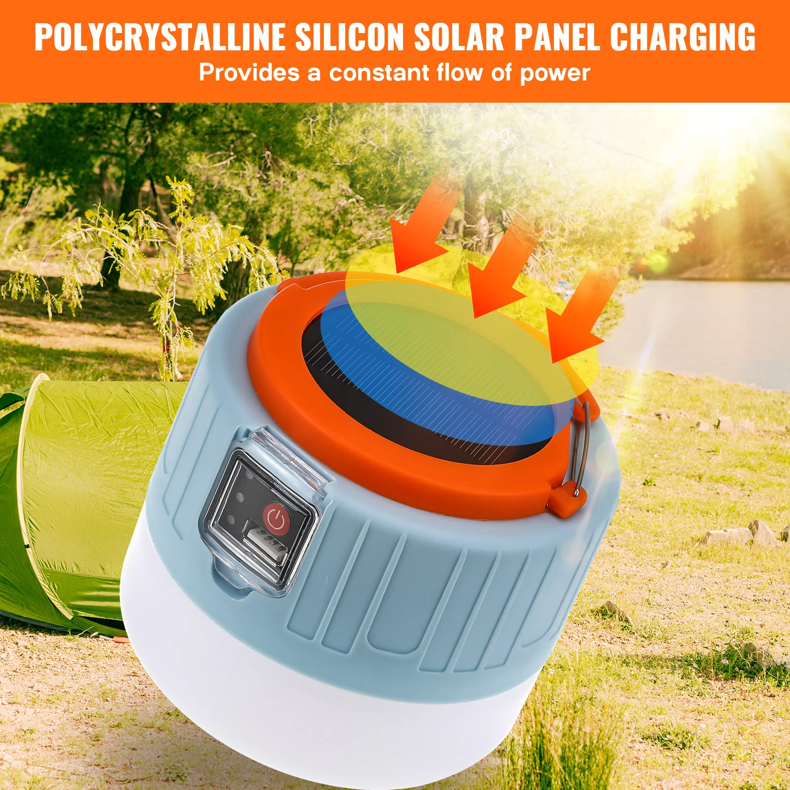 Solar Tent Light Camping Lantern Rechargeable USB Operated Emergency LED Outdoor Hook Design Three Modes Intelligent