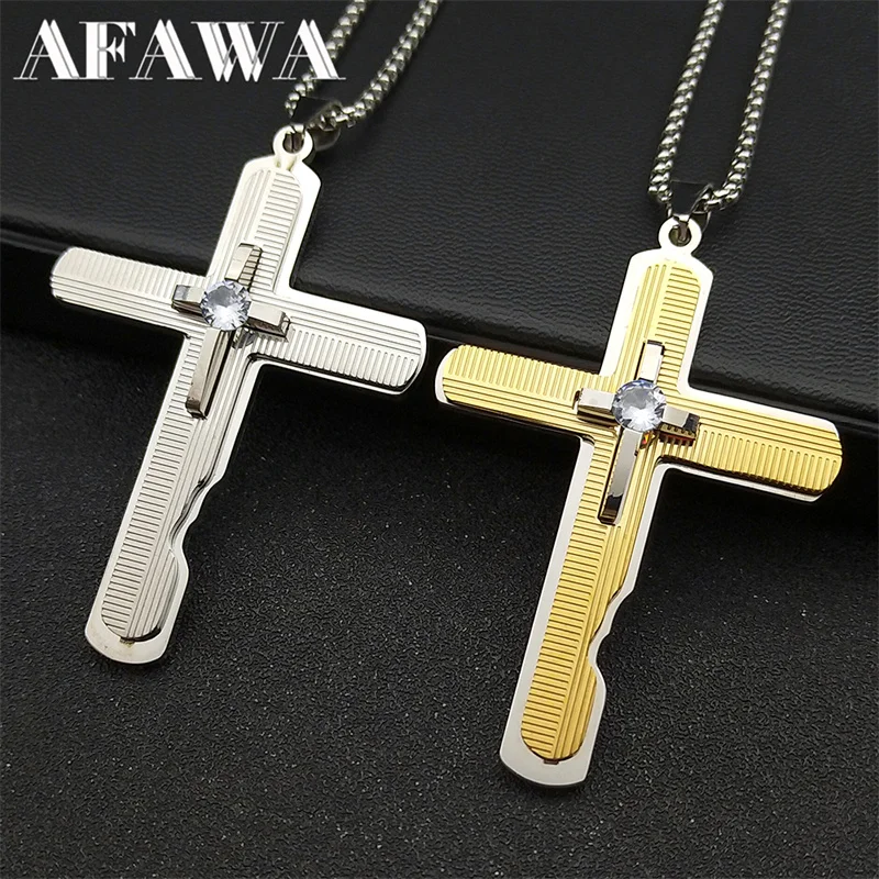 Punk Cross Pendant Necklace for Women Men Stainless Steel Gold Color Rhinestone Hip Hop Crucifix Male Chain Jewelry NZZZ912S02