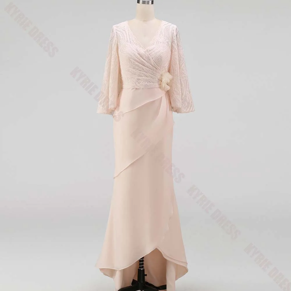 Customized Mother of The Bride Dresses 2026 3/4 Sleeves V Neck Lace Applique Column Chiffon for Wedding Guest Gown Evening Dress