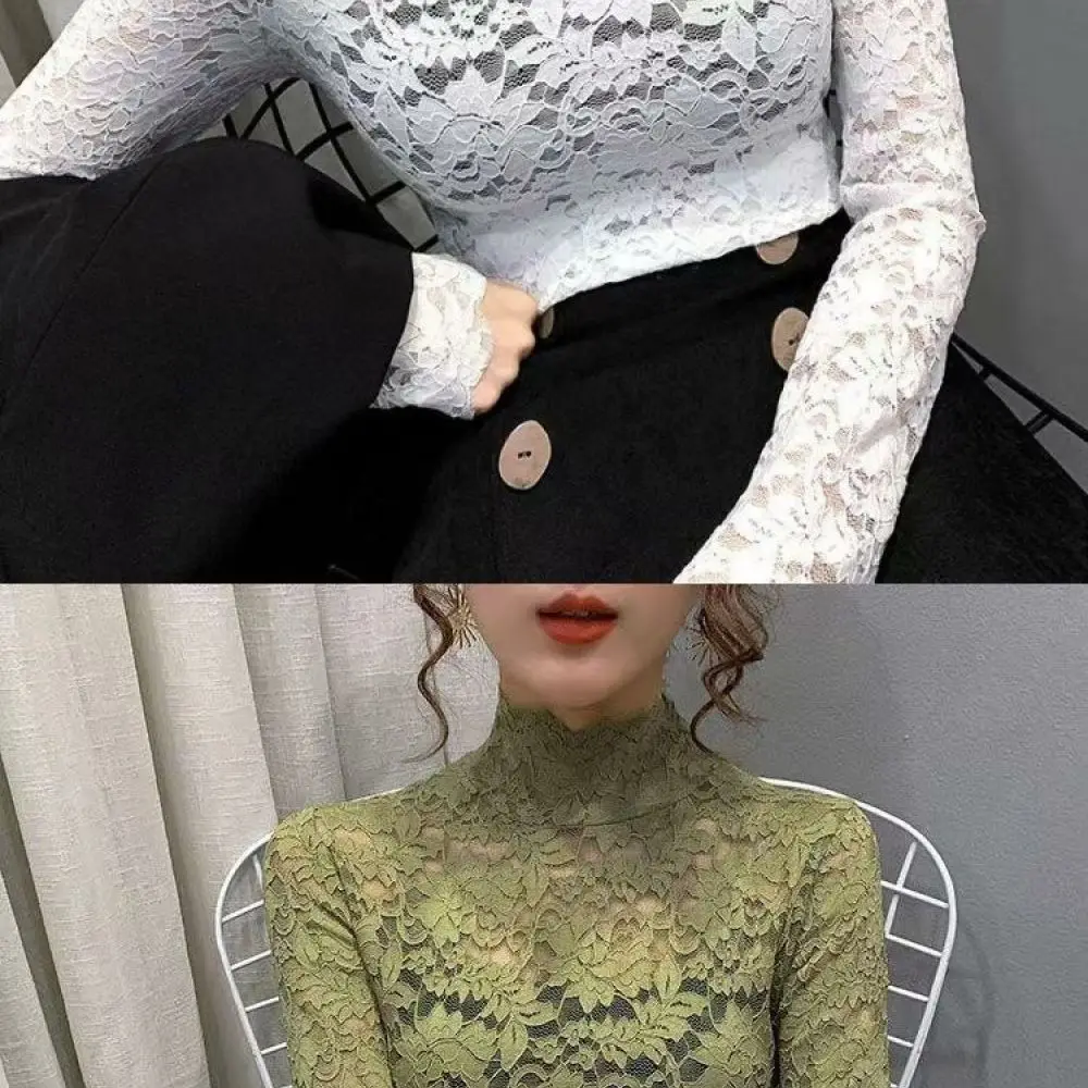 Slim Fit Women Lace Base Layer Long Sleeve Mock Neck Shirt Elegant Casual Breathable Stretchy Fabric Fashion Top