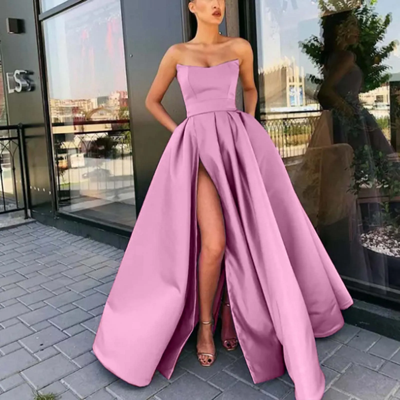 

Sexy Nipped Waist Split Prom Dress Elegant Women Party Night Formal Long Evening Strapless Dress Elegant Wedding Vestidos Robe