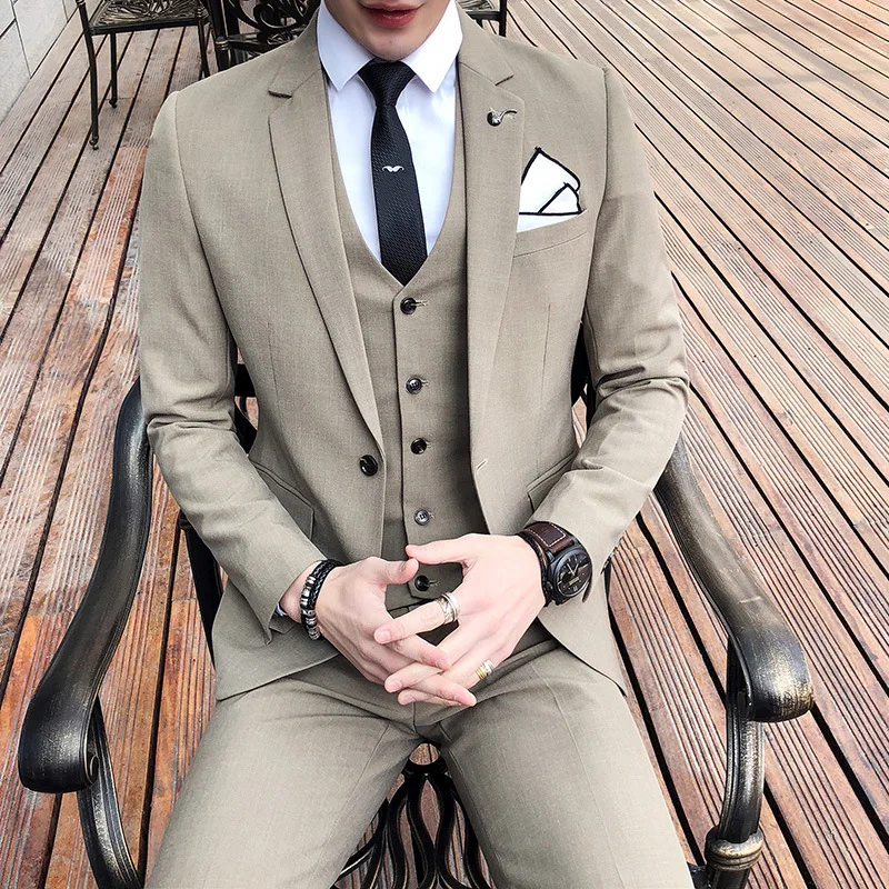 2026 Autumn and Winter New Men's Business Solid Color Suit Set, White-collar Groomsman Work Suit Three Piece Set Men's Wholesale