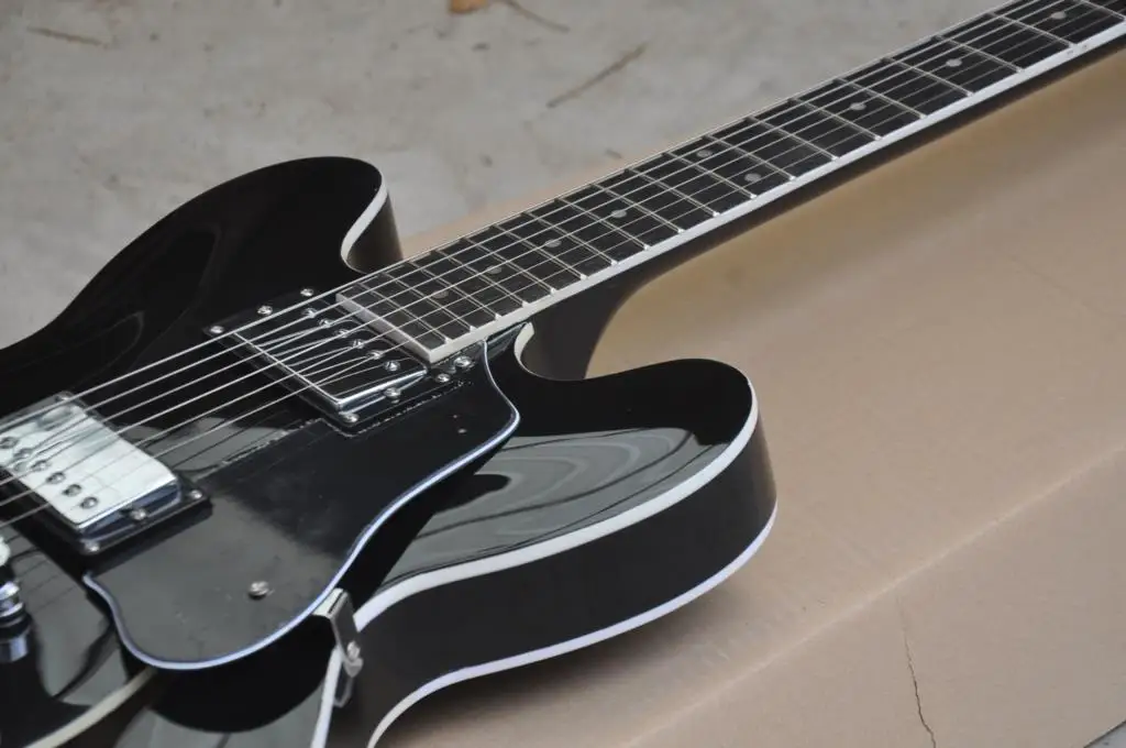 Chinese guitar factory custom 335 half hollow double f-hole body black electric guitar in stock 62