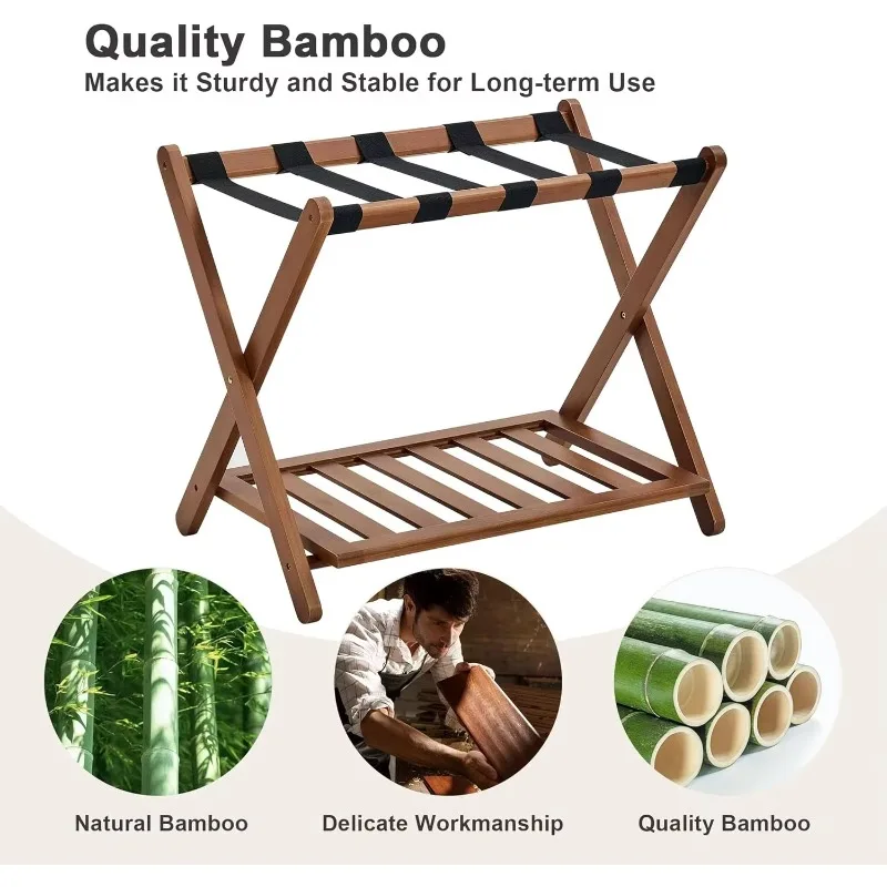 Modern Peach Wood Four-Tier Folding Luggage Rack with Storage Shelf for Hotel Guest Rooms