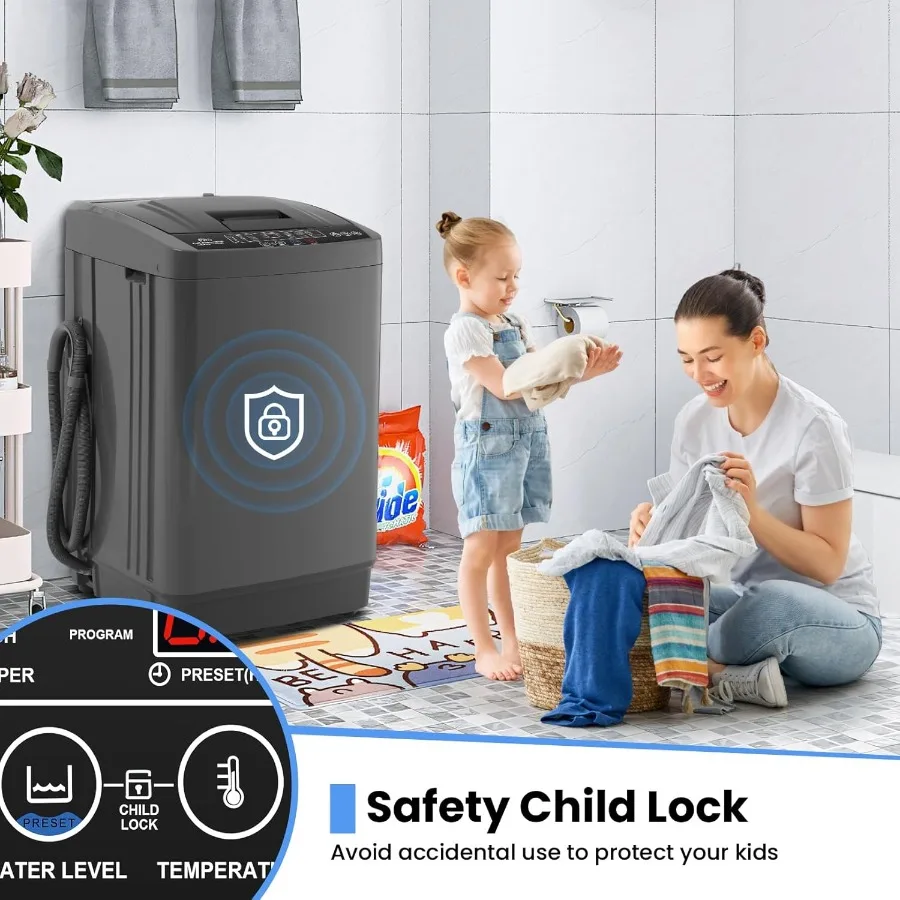 غسالة محمولة بوزن 17.8 رطل، غسالة غسيل مدمجة أوتوماتيكية بالكامل مع شاشة LED، 10 برامج غسيل و8 مستويات مياه 2