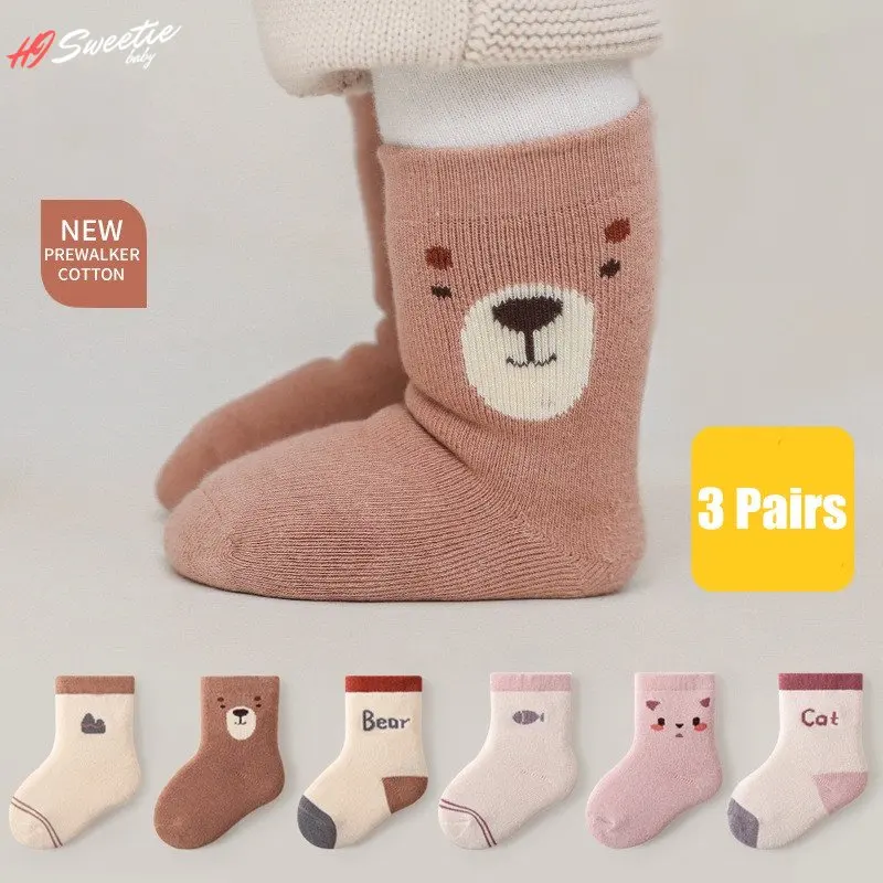 

3 Pairs Baby Boy Socks Autumn Winter Terry Thickened Newborn Socks Cartoon Medium Tube Girls Socks Children Cotton Socks