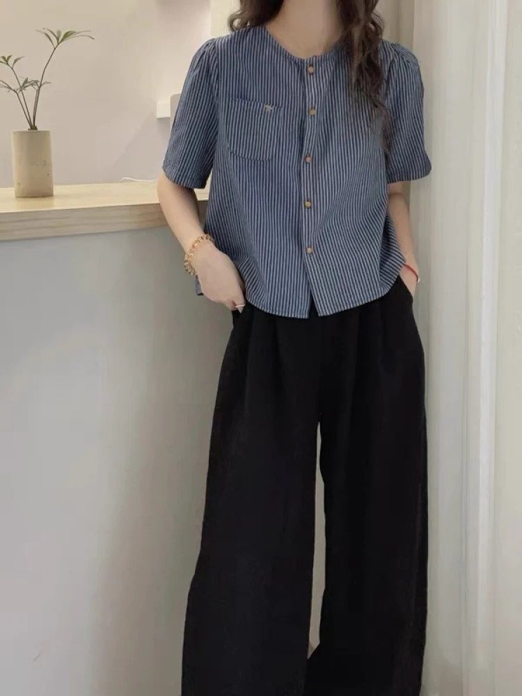 

Korean Sle round Ne Striped ort Sve Women's Sun Protection irt Casual Loose Fit Summer New Arrival Versatile irt