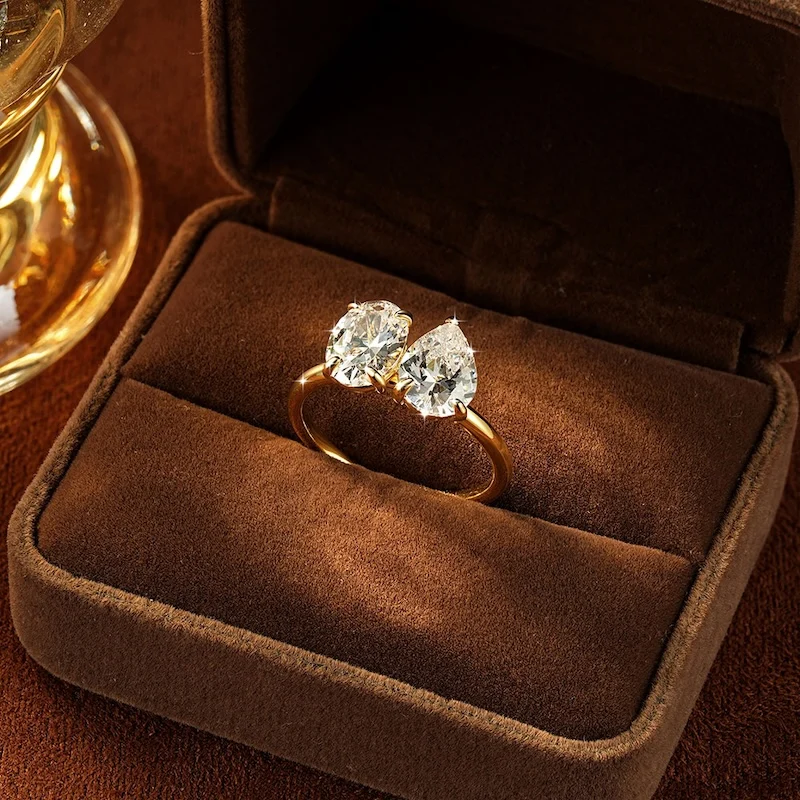 Rrjzz Birnen- & Rundschliff 7x9mm Doppel-CZ Labor-Diamant Mode Damen Verlobungsring 14k Vergoldeter Zirkonia Jubiläums-Schmuck Geschenke – Detail 2