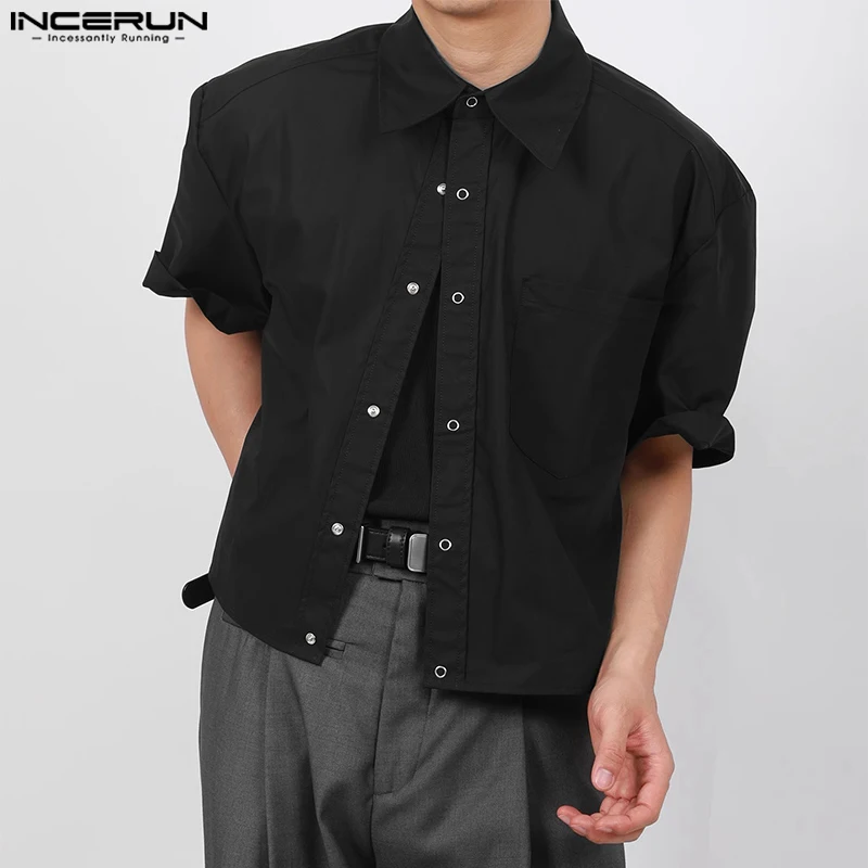 INCERUN Men's Shirts Solid Color Lapel Short Sleeve Pockets Button Male Crop Tops Streetwear Summer Loose Fashion Men Clothing