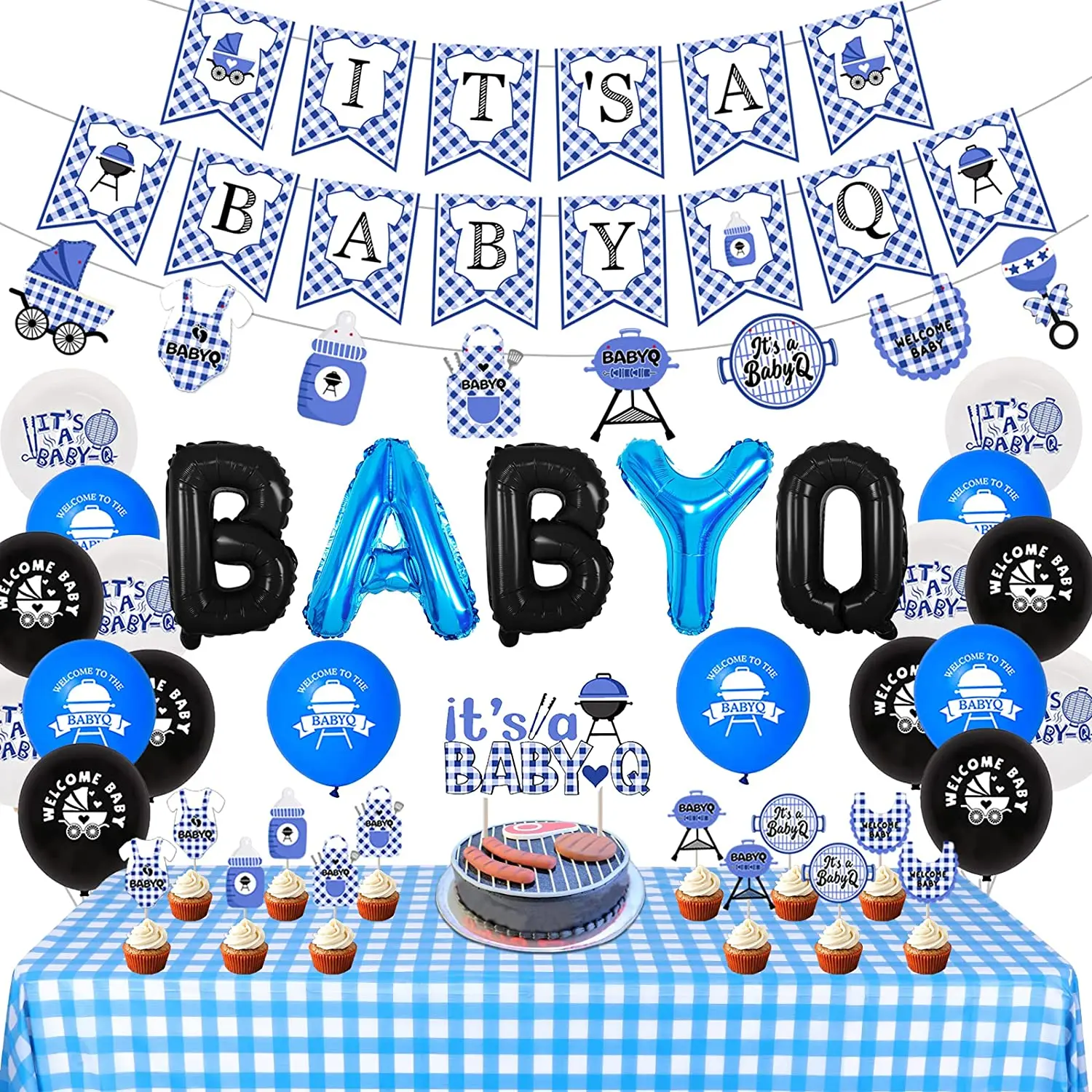 Barbecue Themed Party Supplies with Checked Tablecloth, Foil Balloons, BBQ Baby Shower Decor, Baby Q Party