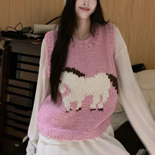 

2025 Autumn New Design Print Knitted Vest Top Svel round Ne Sweater for Women Thi Wool Blend Fabric