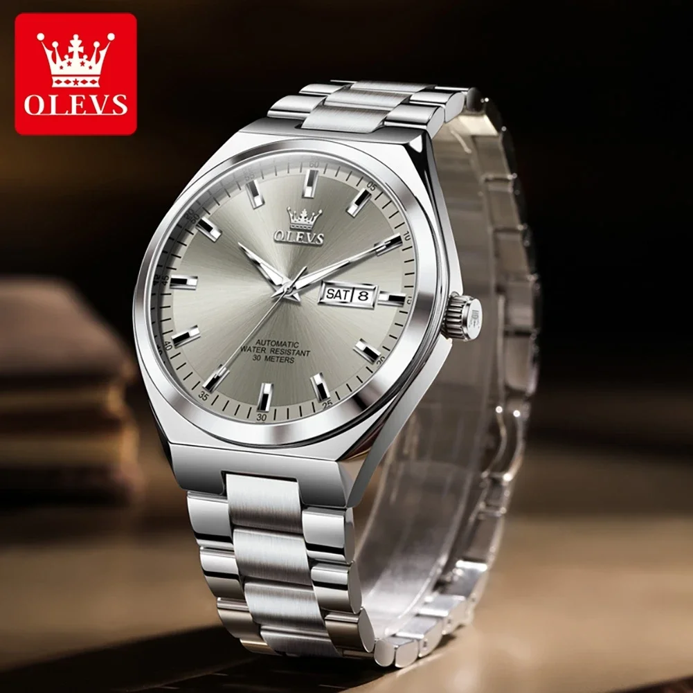 OLEVS Automatic Watch Men Top Brand Luxury Stainless Steel Mechanical Watch Self Winding Watches for Men Waterproof Wristwatches