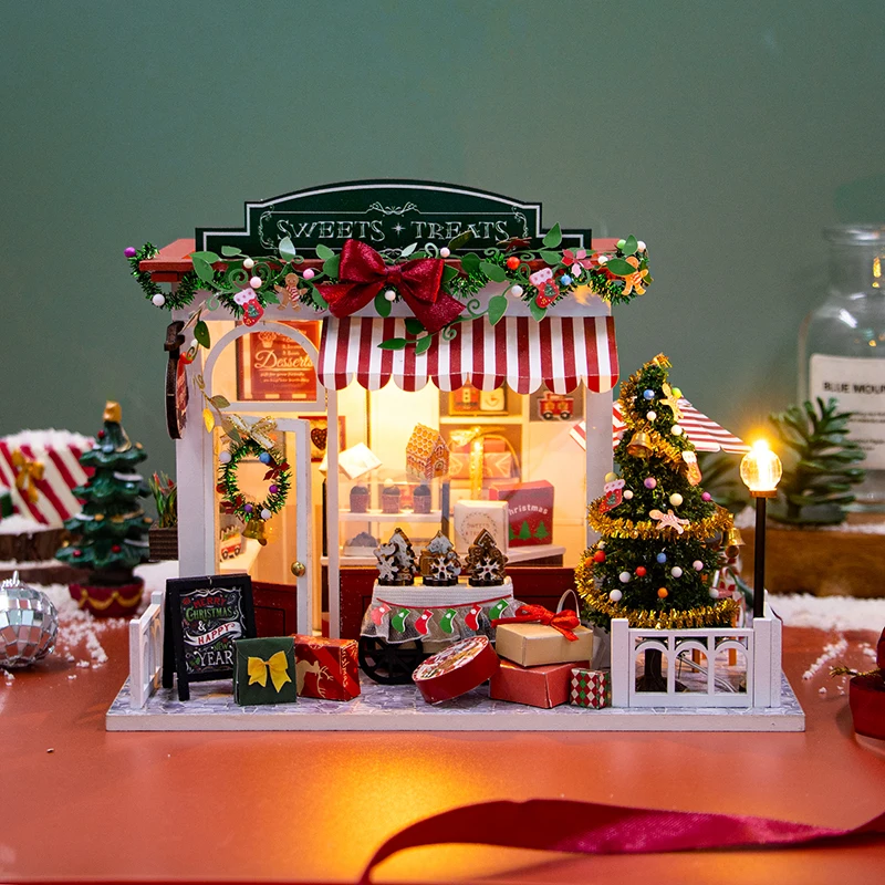 DIY Modelo Miniatura de Madeira Kit com Móveis, 3D Puzzle Dollhouse, Doces de Natal, Casa Casas de Bonecas, Presentes para Amigos