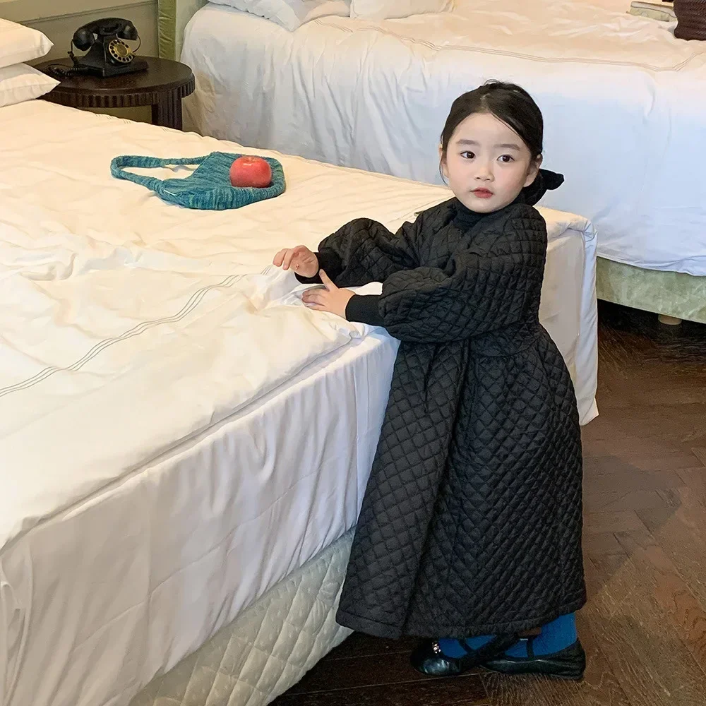 Girls Dress 2023 Winter New Fashionable Korean Style Long Quilted Dress Long Sleeve Princess Solid Color Casual Simple Dress