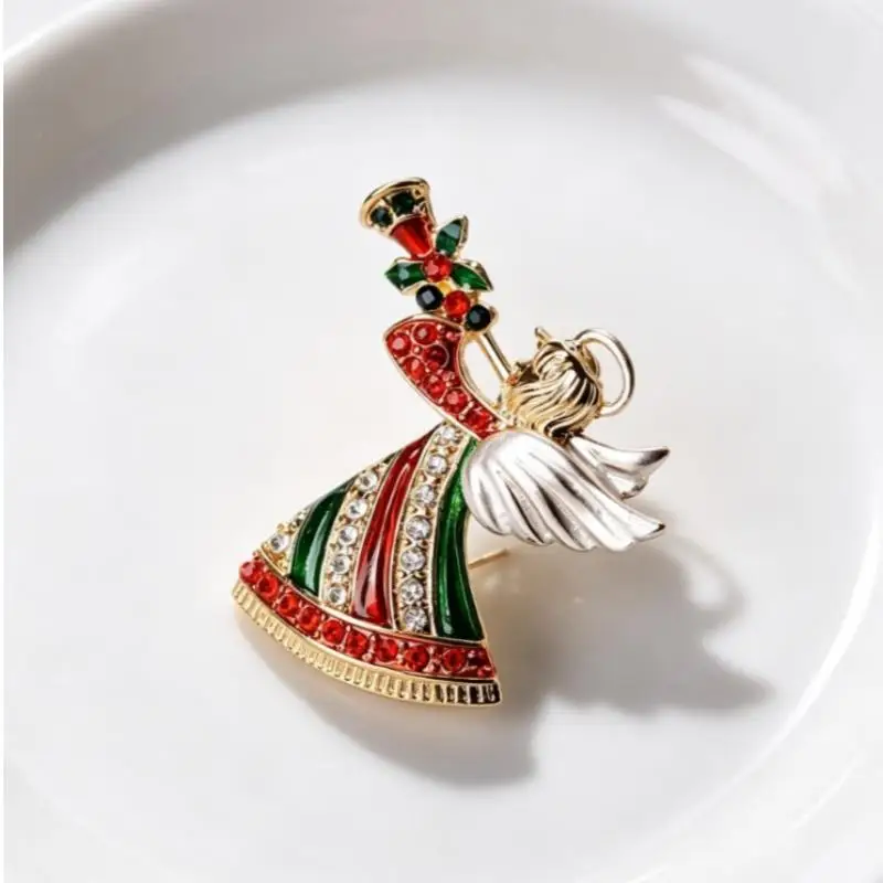 Christmas Angel Brooch Glitter Rhinestone Inlay Gold Plated Elegant for Xmas Dinner Holiday Outfits Cute Brooch Pin Gift