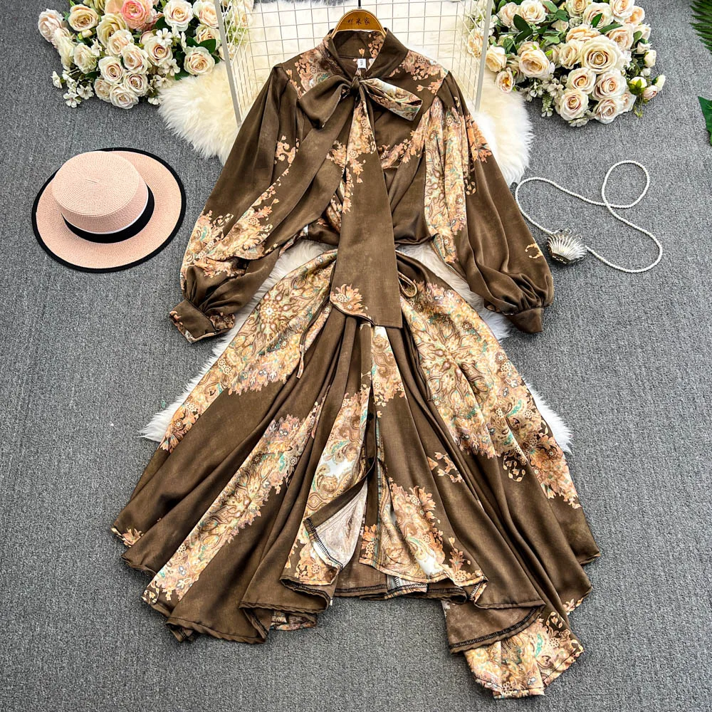 European and American high-quality retro elegant lantern sleeved Irregular A-line print Femae Casual  Party Dress For Women New