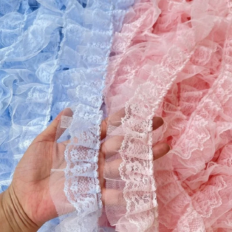 Embroidery 3D Flower Tulle Lace Fabric Trim Ribbon, DIY Sewing Applique, Collar Fringe, Tassel, Wedding Guipure Decor, Blue Pink