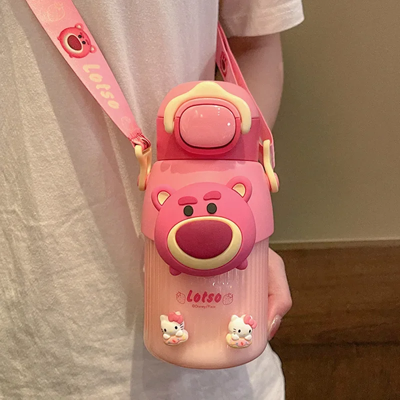 Lotso Pink Bear Water Cup Girl High Appearance Level Plastic Summer Tritan Straw Cup Cross Students Cute and Portable Disney