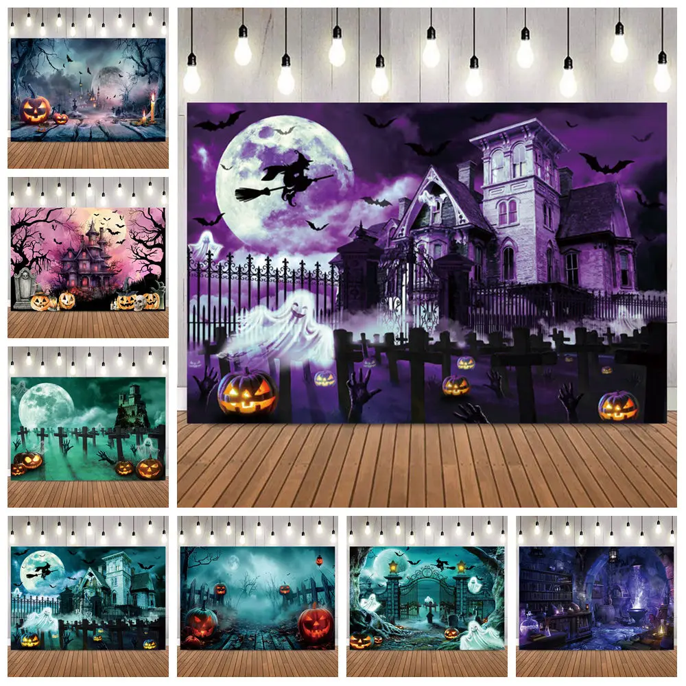 Halloween Spooky Graveyard Backdrop Moonlight Haunted Cemetery Photography Background Party Decoration Photo Booth Banner Props