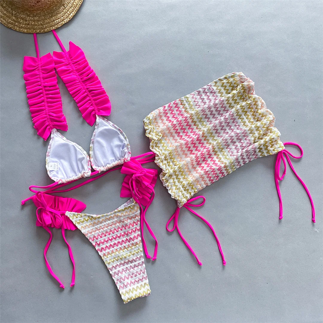 Mit Rock, gewelltem, gerüschtem Bikini, Damen-Badeanzug, Damen-Badebekleidung, dreiteiliges Bikini-Set, Badeanzug, Badebekleidung, Schwimmanzug V5235 – Detail 28