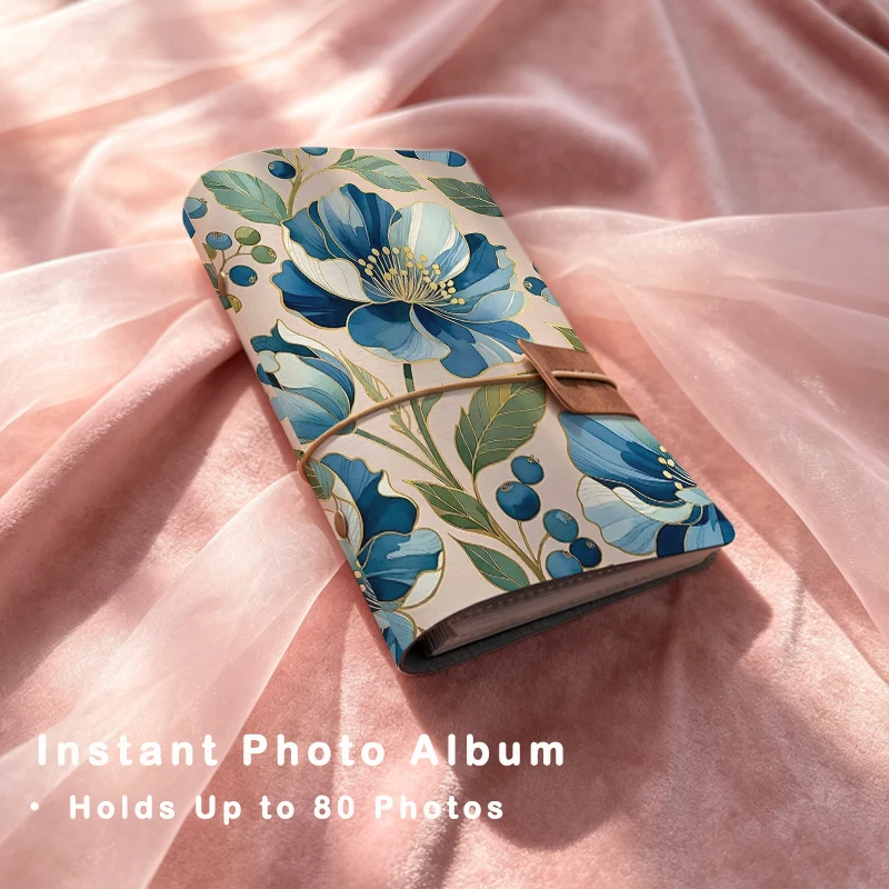 Elegant Gold Outline Blue Flower & Blue Berry Botanical Print Instant Photo Album Delicate Gift for Women & Floral Art Lovers