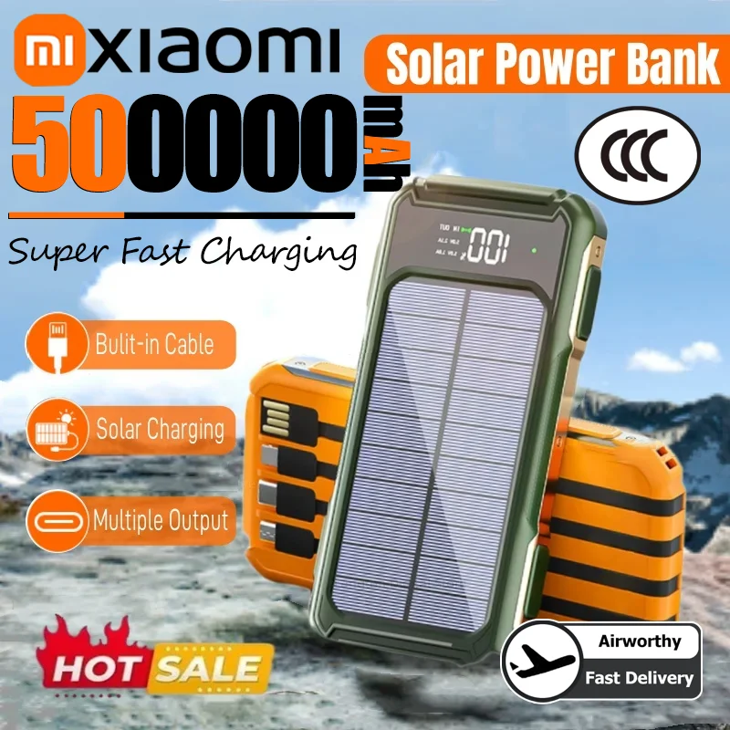 Xiaomi 200000 Batterie solaire 4 en 1, grande capacité mAh, câble intégré, batterie d'alimentation Mobile, lumière LED, iPhone Samsung