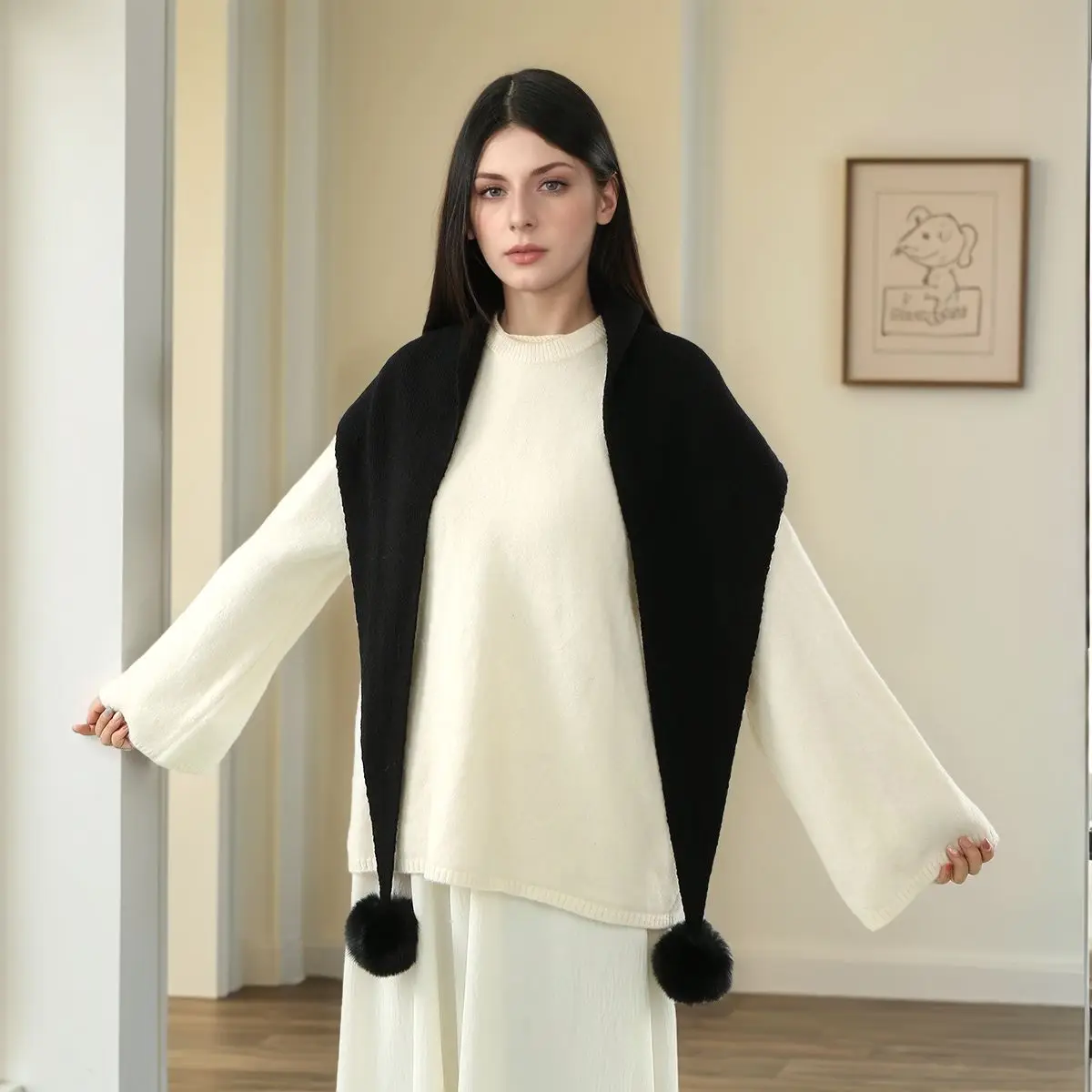 محبوك الشعر الكرة مثلث شال وشاح ناعم بلون النساء شتاء دافئ رشاقته يلتف الرقبة حماية شال رقيق وشاح