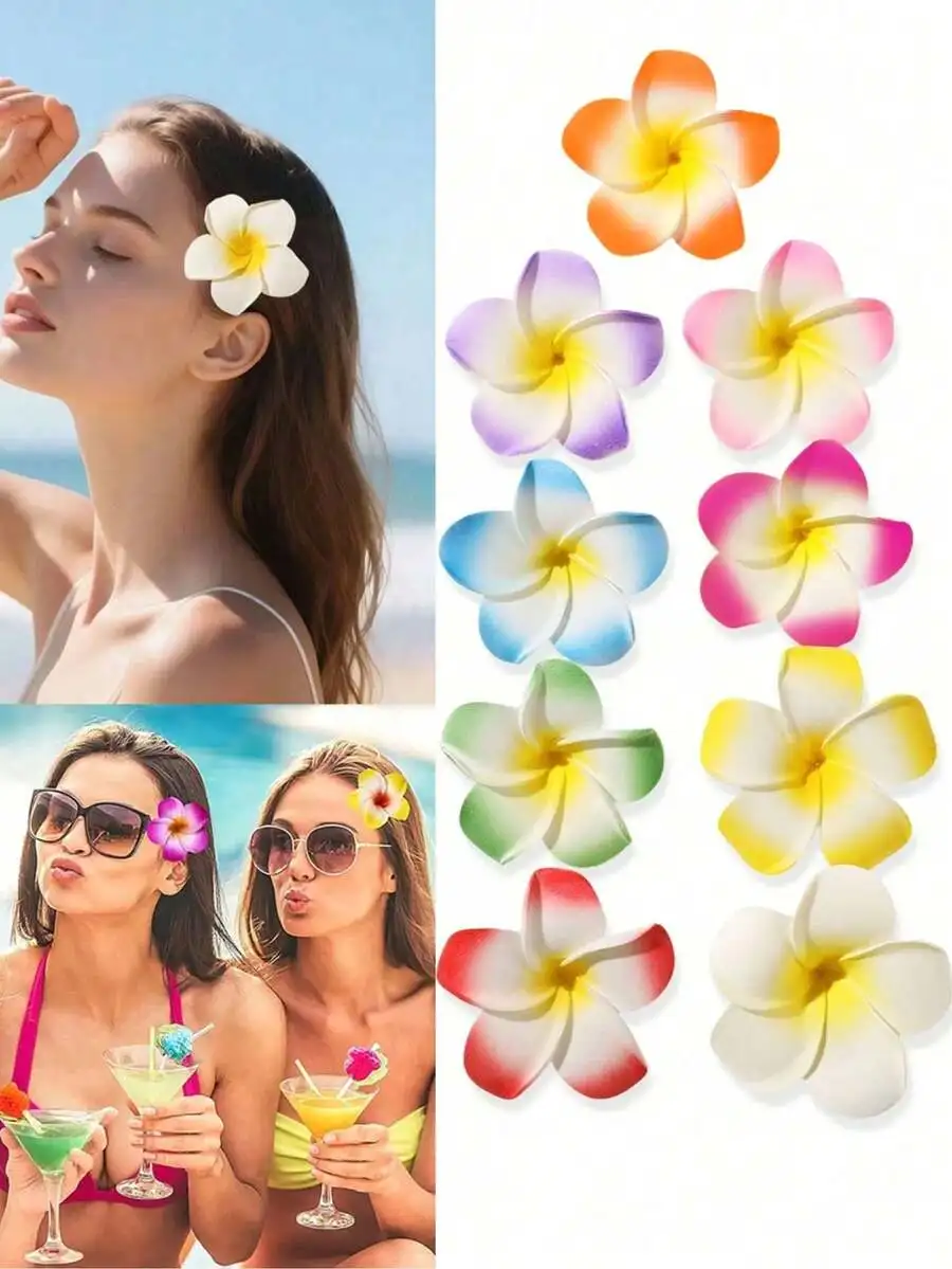 9 Pcs Artificial Plumeria Flower Hair Clips For Women Summer Beach Party Tropical Hair Accessories