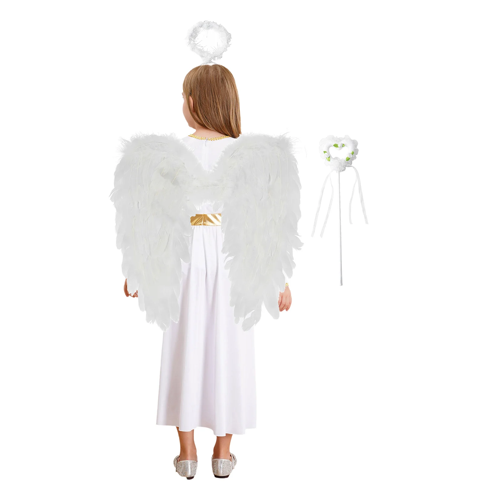 Girls Angel Cosplay Dress Set with Feather Angel Wings Headband And Fairy Sticks Set Halloween Party Performance Costume