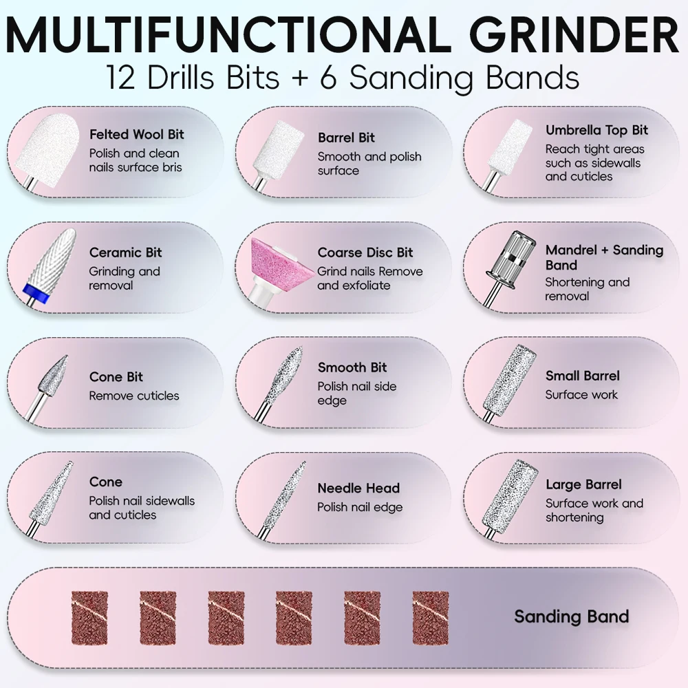 電動ネイルドリルファイル - LEDディスプレイ、12種類のネイルドリル＆6種類のサンディングバンド、充電式ネイルマシンキット、マニキュアペディキュアツール