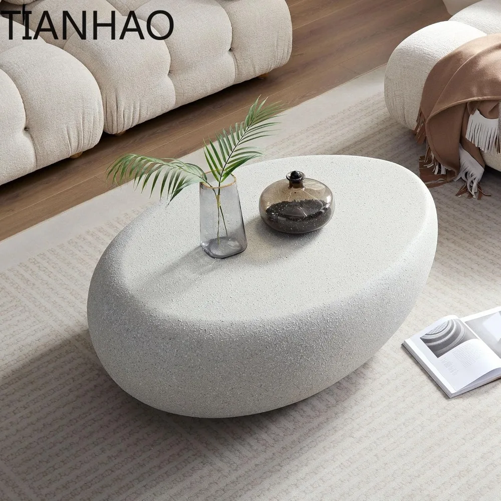 Stone Coffee Table for Living Room Oval Fiberglass Center Table, Matte Rocks End Table for Indoor Outdoor, No Assembly Required