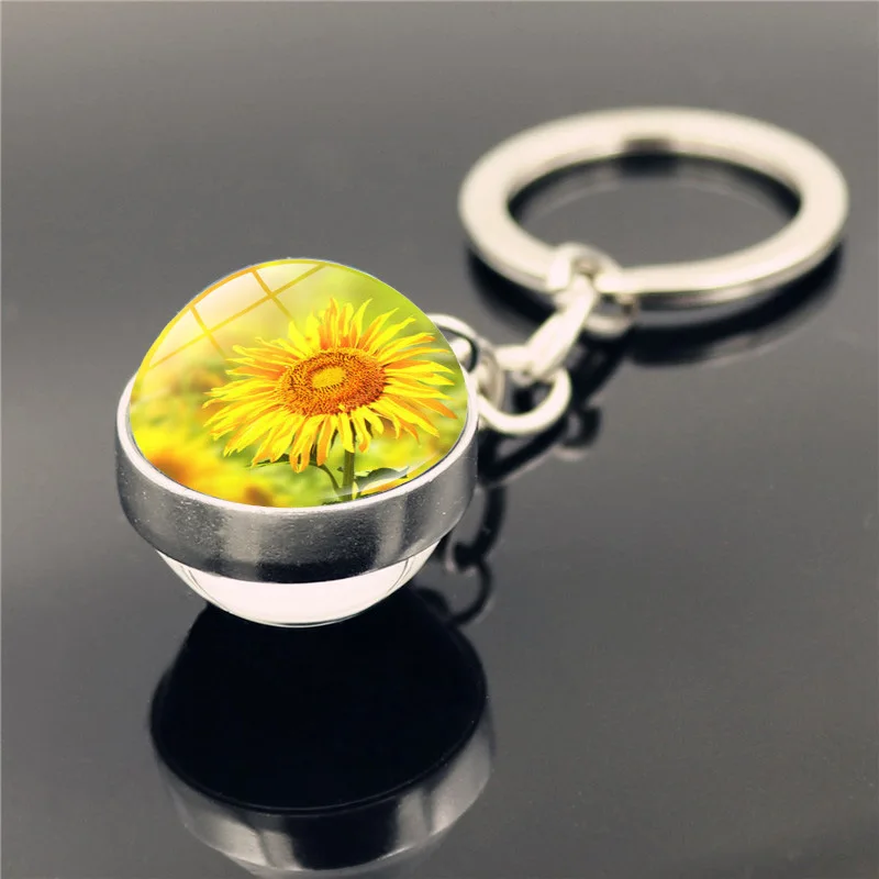 Schlüsselanhänger mit Sonnenblumenmuster, doppelseitiger Glaskugel-Anhänger, Metall-Schlüsselanhänger, klassisches Geschenk – Detail 12