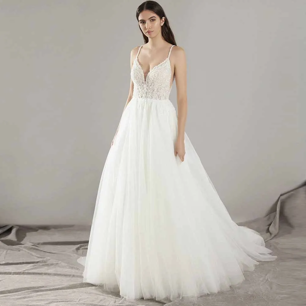 Romantic Church Wedding Dresses Tulle A-line Wedding Party Dresses Ivory Spaghetti Strap Beads Criss-Cross Wedding Dresses Women