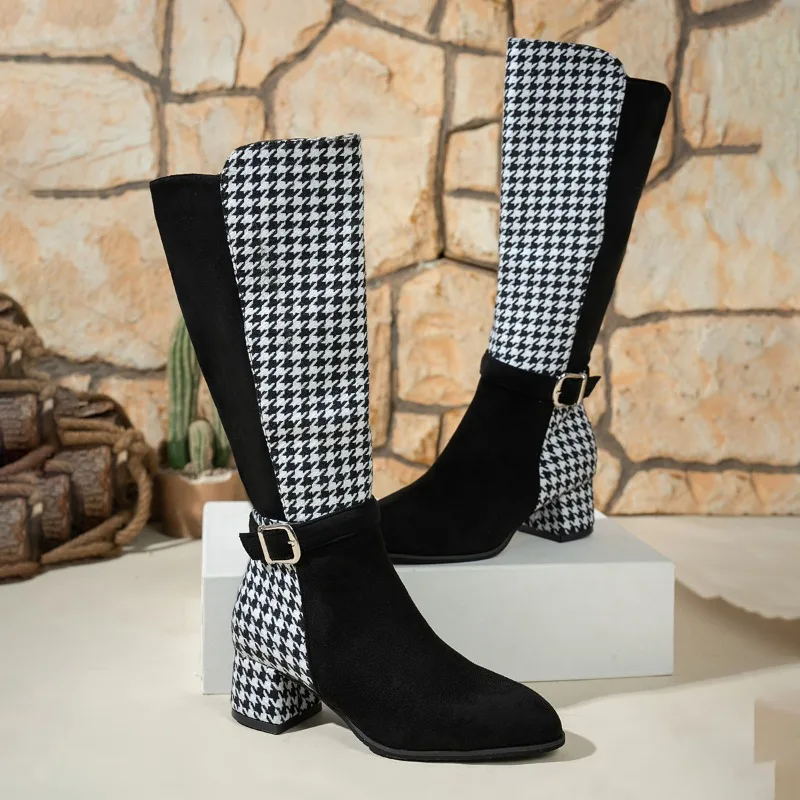 Gespleißte hohe Stiefel mit Blockabsatz, Herbstneu, spitzer Zehenbereich, Wildleder, seitlicher Reißverschluss, Damenschuhe in Übergröße