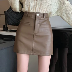 Abrini Women Zipper PU Skirts Office A-line Skirts Casual Solid Button Pockets High Waist Mini Skirts Party Spring Summer