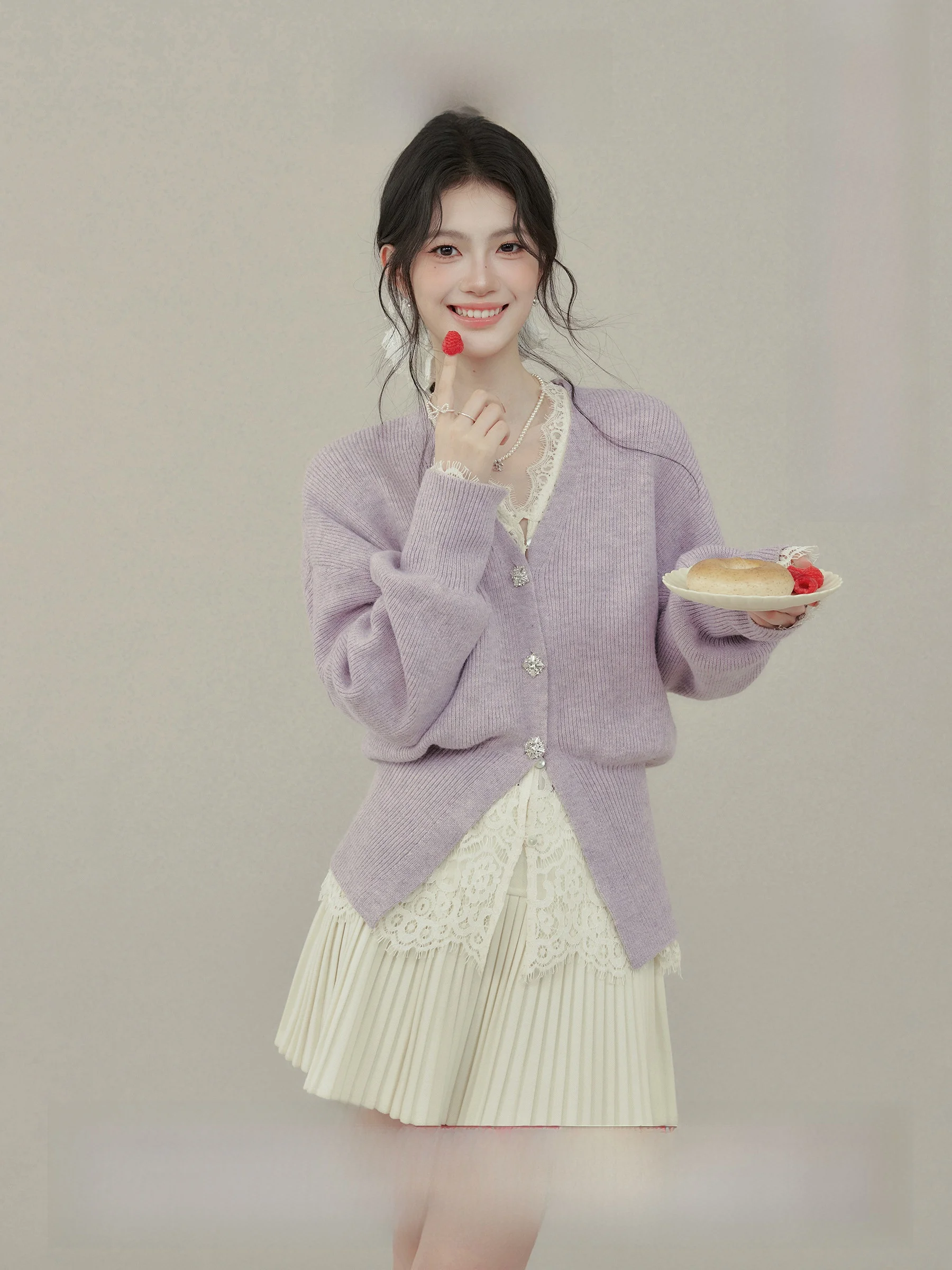 

Ele Purple V-ne Sweater Cardigan Women's Winter New Sle Inner Wear Outer Wear Base irt Top by Wang Xue