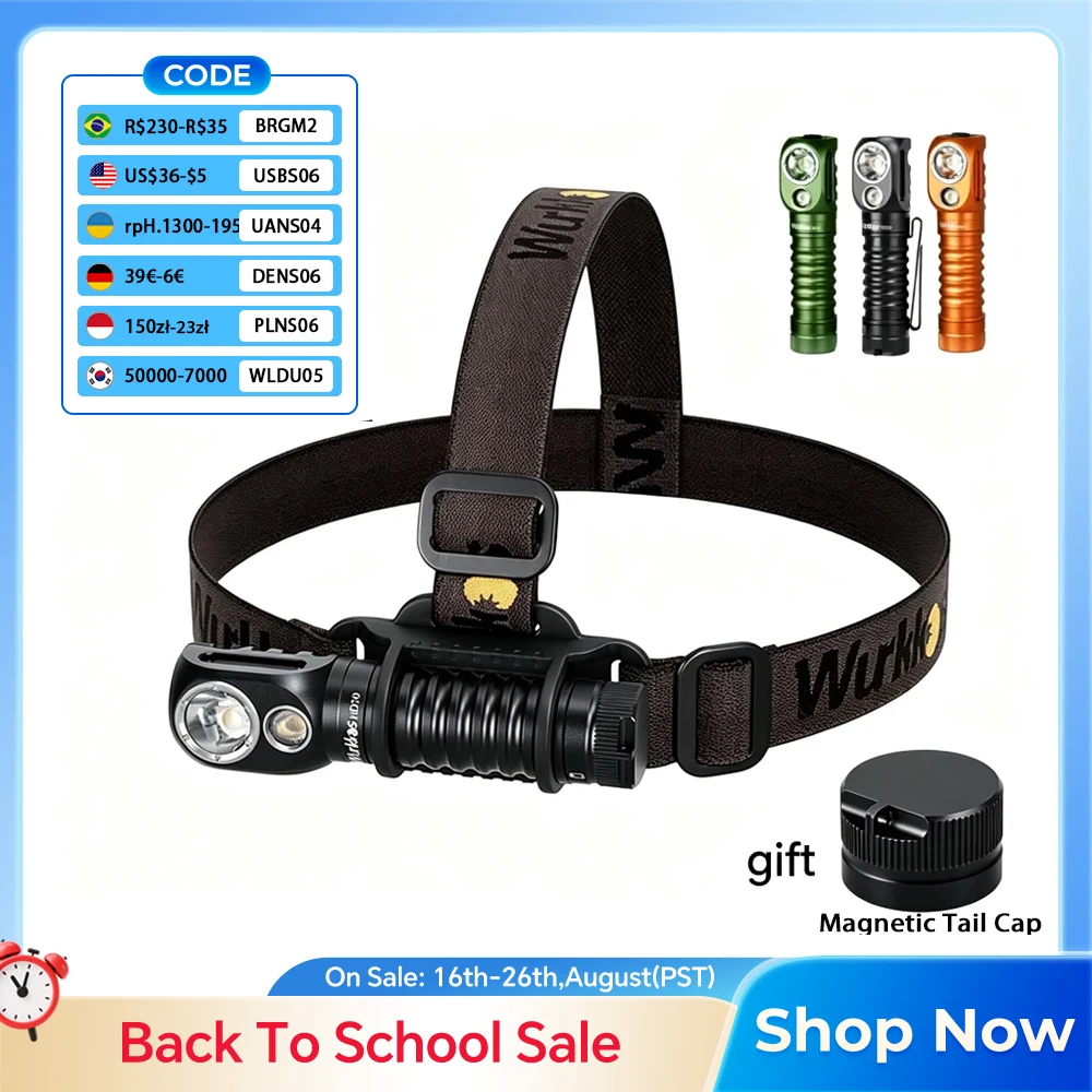 Wurkkos HD20 Stirnlampe 21700 Angellampe 2000 Lumen Dual-LED USB-Rückladung Magnetische Endkappe EDC Arbeits- & Campinglampe
