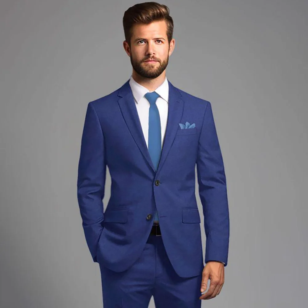 

Regular Fit Men's Suits Formal Blue Single Breasted Notch Lapel Slim 2 Piece Jacket Pants Sets High Quality Smart Casual Blazer