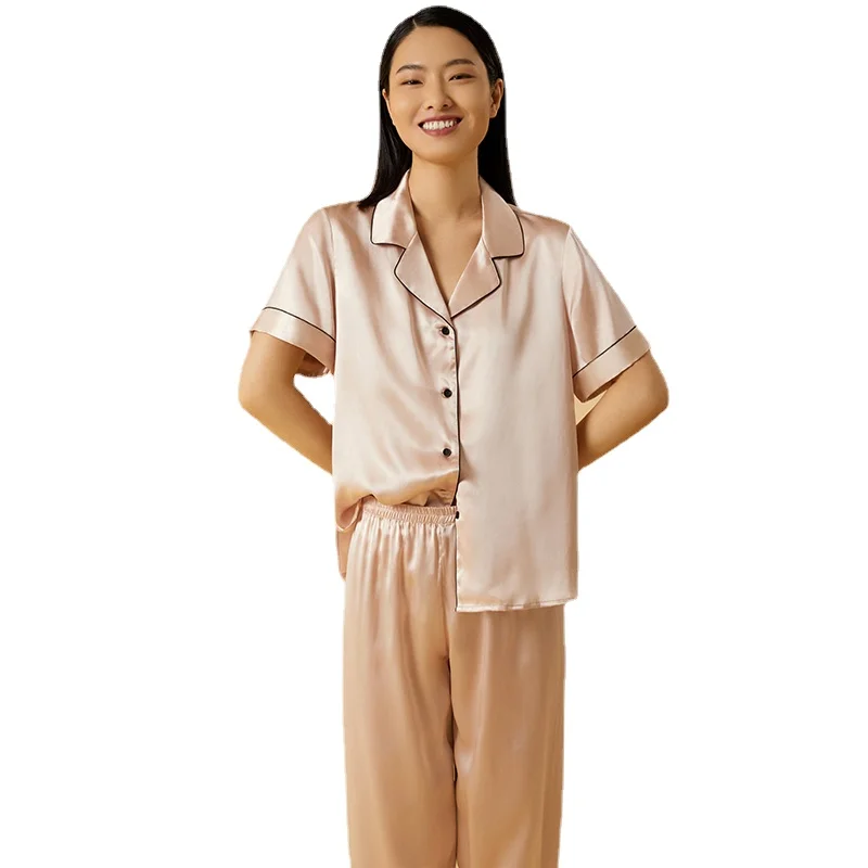 

2-piece Set Real Silk Pajamas for Women's Summer 100% Mulberry Silk Simple High-end Couple Homewear Female Sleep Lounge