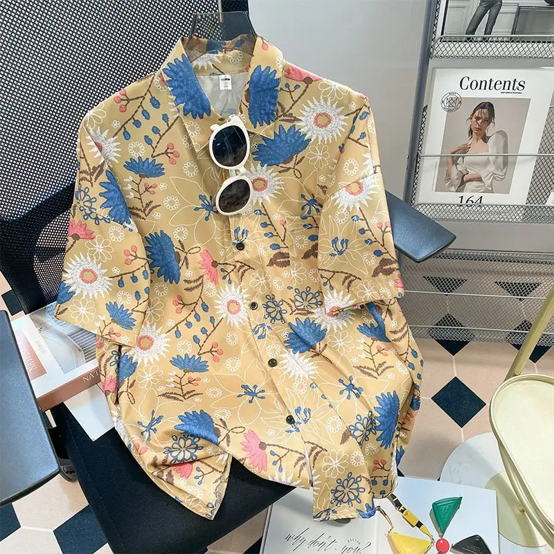 Vacation Summer New Short Sleeve Printing Loose Youth Blouse Polo Neck Floral Casual Shirt Tops Vintage Fashion Women Clothing