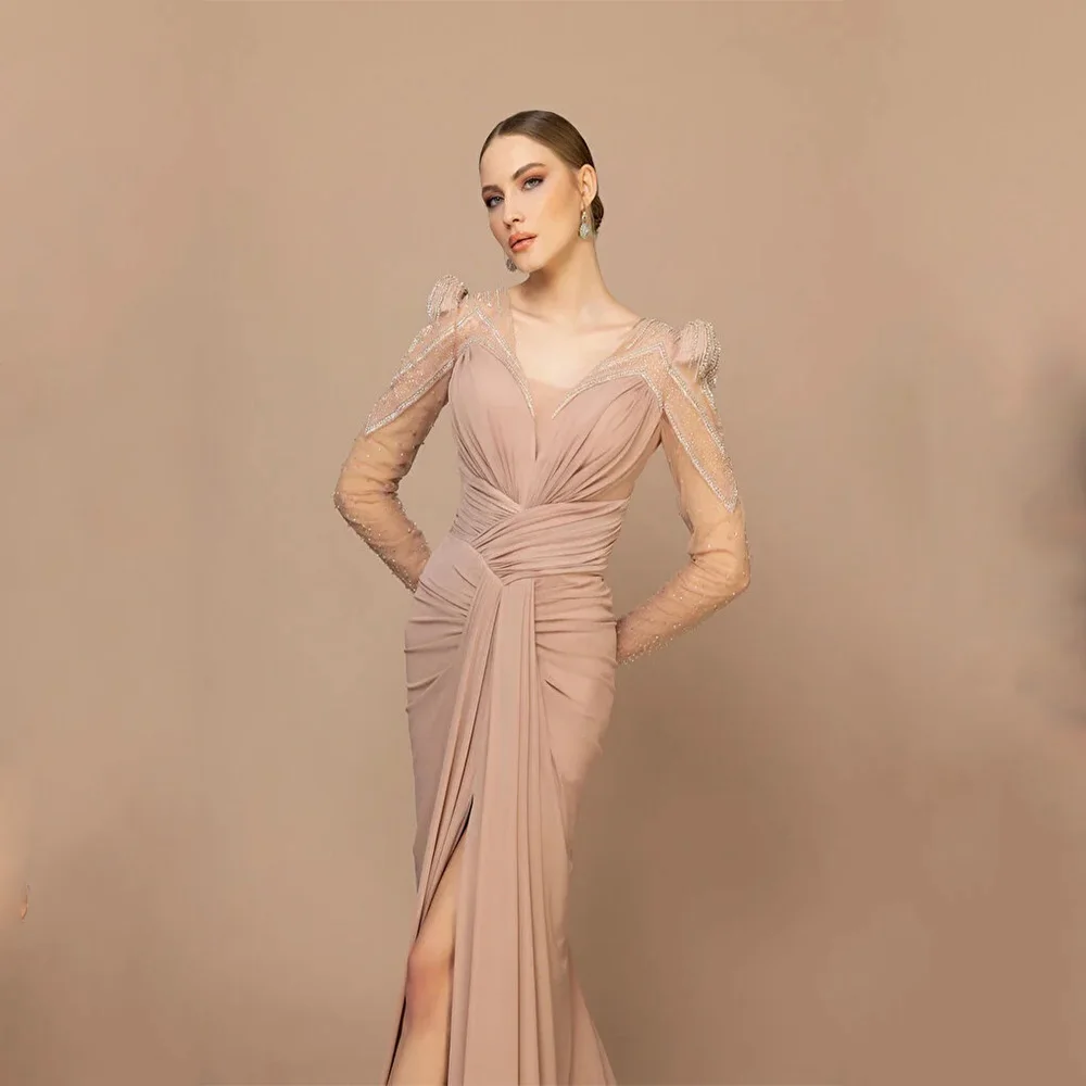 فساتين سهرة أنيقة عالية الجودة من الجيرسيه بطول الأرض ورقبة على شكل حرف v فستان حفلة موسيقية مطرز بالخرز مستقيم رداء De Soirée مخصص