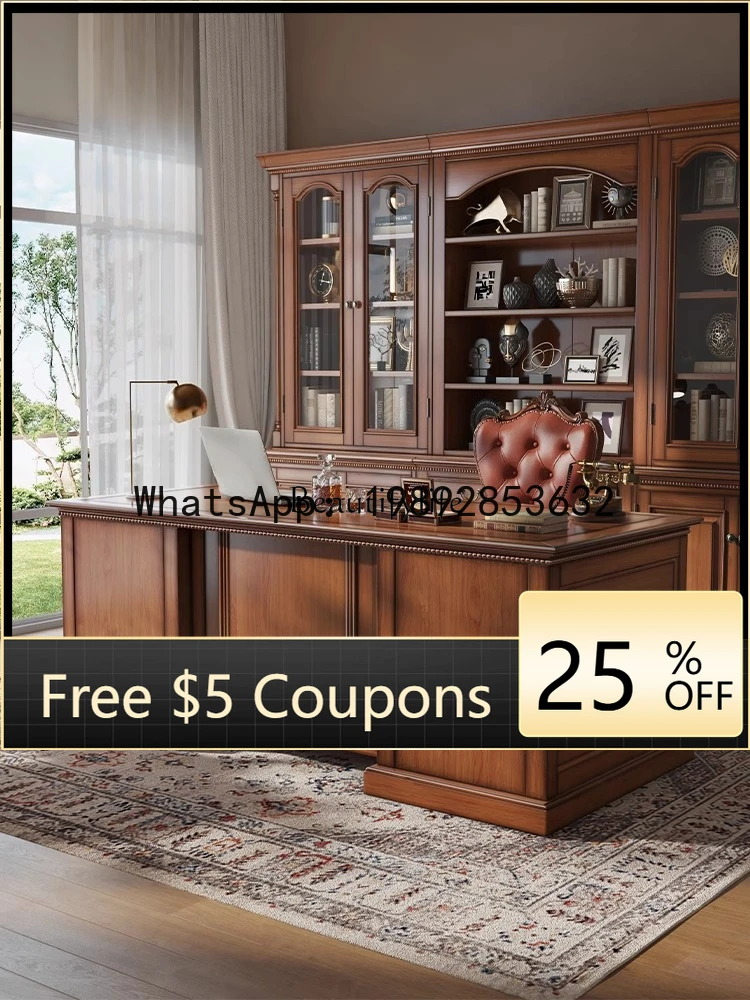 T29  4*American all-solid wood log household five-drawer boss table desk writing desk furniture