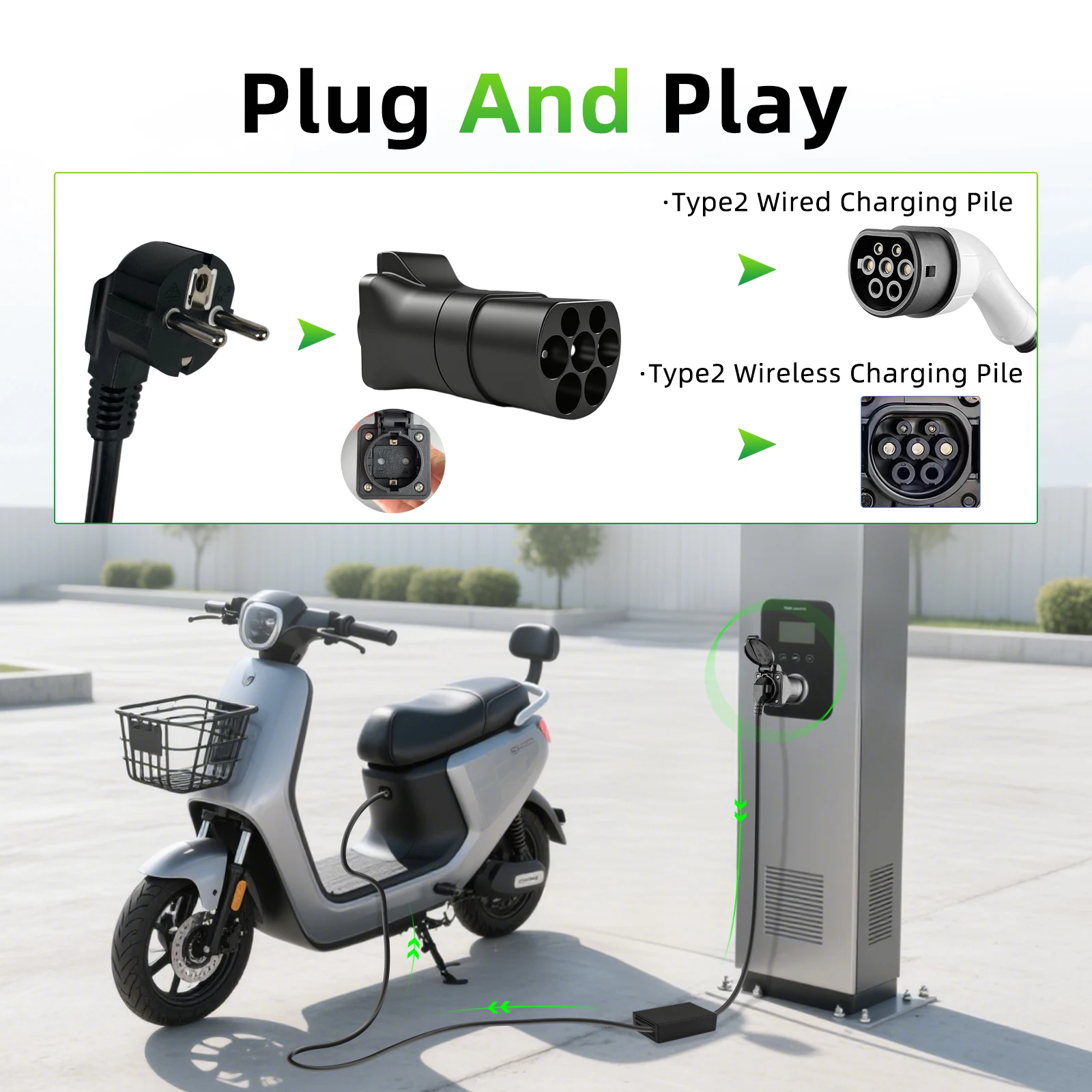 مُحول التغيير من Type2 إلى 220 فولت من محطة الشحن المعيارية IEC62196-2 إلى محول مقابس الاتحاد الأوروبي، قابس تفريغ محطة الشحن لغرض التصفيف