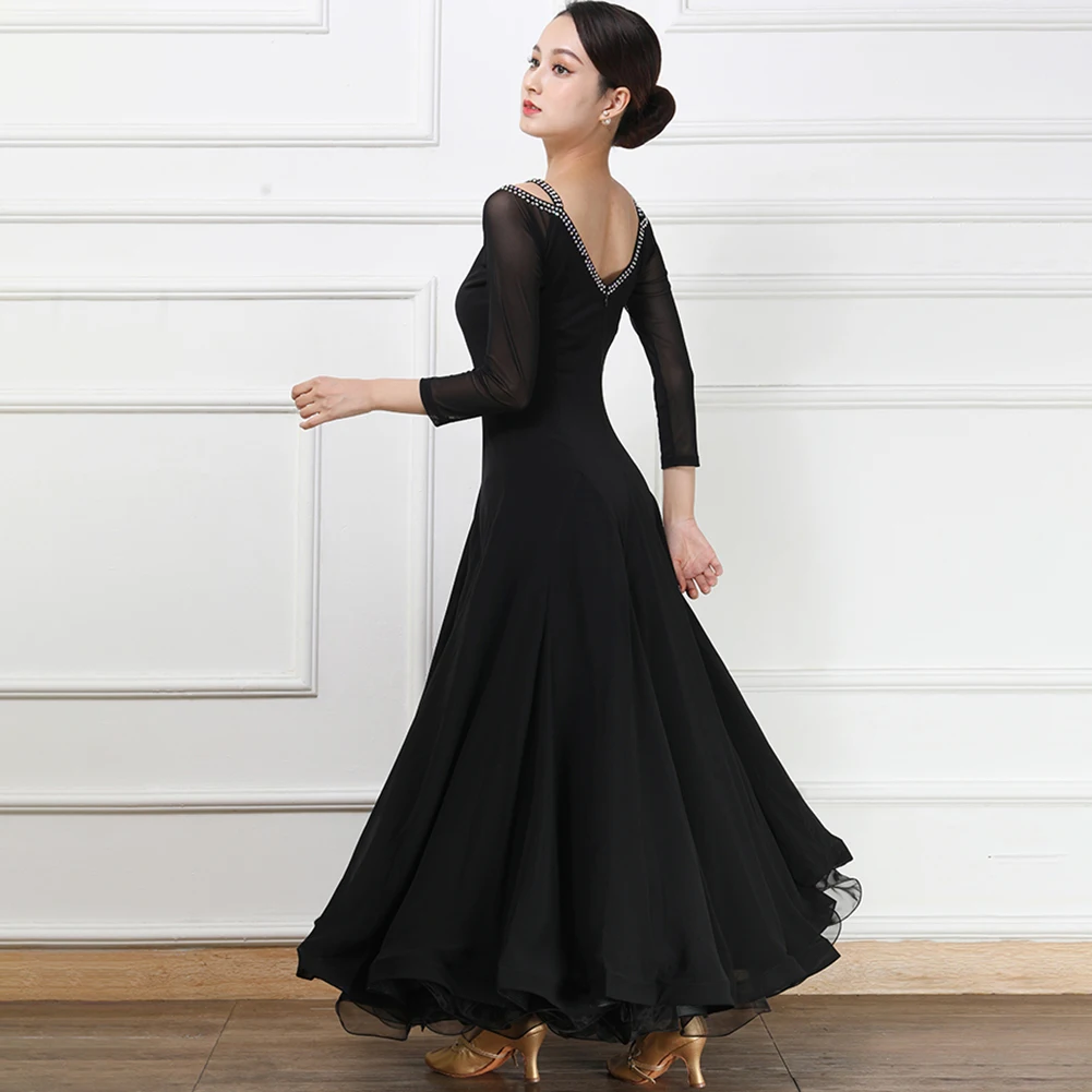 표준 댄스 드레스 경연 대회 검은 긴 소매 왈츠 드레스 고품질 대형 스커트 핑크 v 넥 볼룸