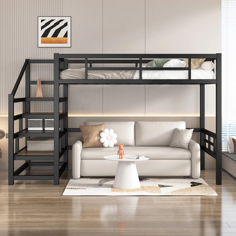 Modern Dormitory Loft Bed With Upper And Lower Desk Space-Saving Duplex Ladder Frame