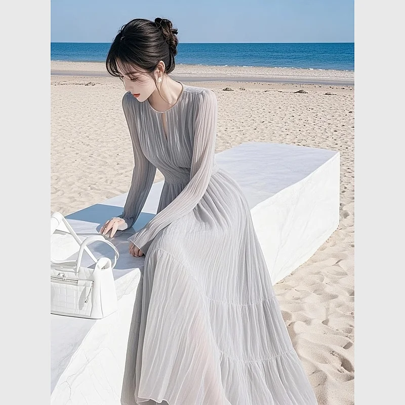 

Spring Summer Seaside Vacation Chiffon Beach Dress Women 2025 Unique Beautiful Fairy Long Dress Female