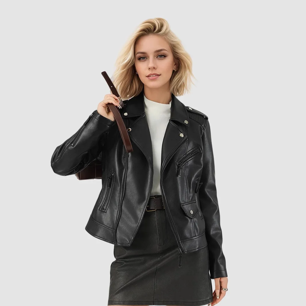 

2025 Новая женская куртка Slim Fit из искусственной кожи, моторное пальто на талии и молнии, черная шикарная верхняя одежда