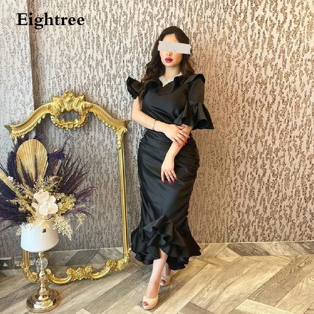 

Eightree Simple Black Short Dbuai Prom Dresses One Sleeve Strapless Evening Night Gowns Satin Formal Club Prom Dress Vestidos