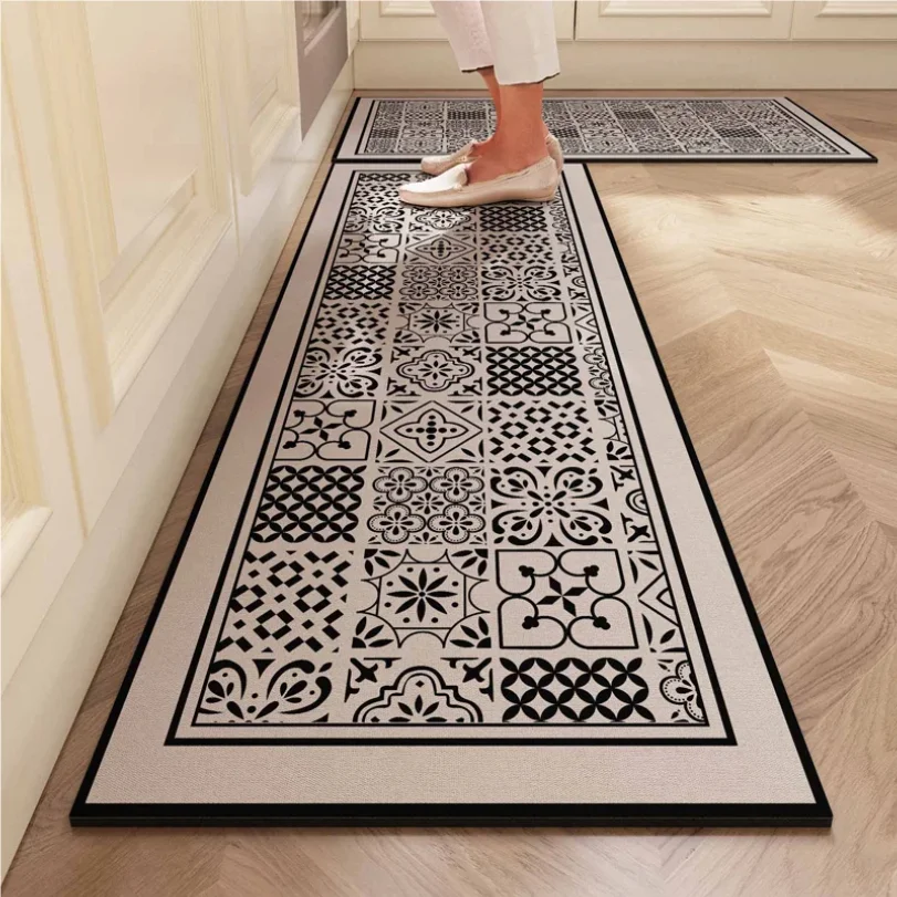 VIKAMA Vintage  Kitchen Crystal Velvet Floor Mat, Water-Absorbing, Oil-Absorbing, Anti-Slip, No-Clean L-Shaped Carpet, Home Deco