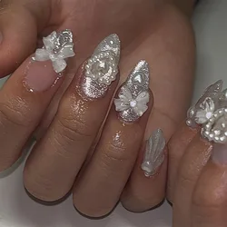 24pcs Shimmery Silver French False Nails White Bowknots Pearl Heart Diamond Decor Press On Nails Glossy Cat's Eye Fake Nail Tips